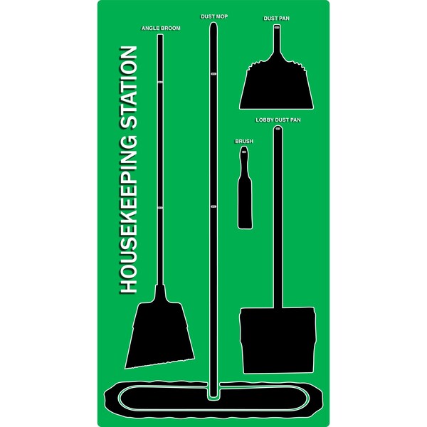 5S Housekeeping Shadow Board Broom Station Version 4 - Green Board / Black Shadows  With Broom